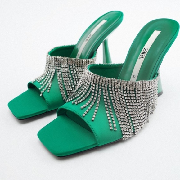 ZARA Rhinestone Sparkly Heeled Sandals Green BNWT - Picture 1 of 5